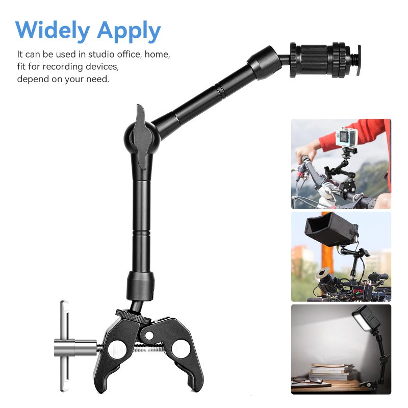 UTEBIT 11" Magic Arm Clamp Mount Kit, 360Â° Ball Heads with ARRI 1/4" & 3/8" Thread Screw, Camera Mount Adjustable Friction Arm w Super Clamp for DSLRs, Camera Cage, Monitor, LED Light, Action Camera - Image 5
